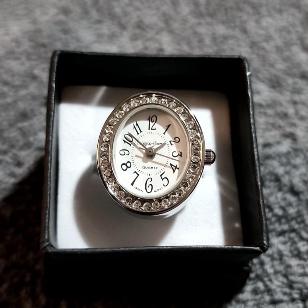 Japan Movement Silver plated W/ Cubic zirconia adjustable band finger watch MGM